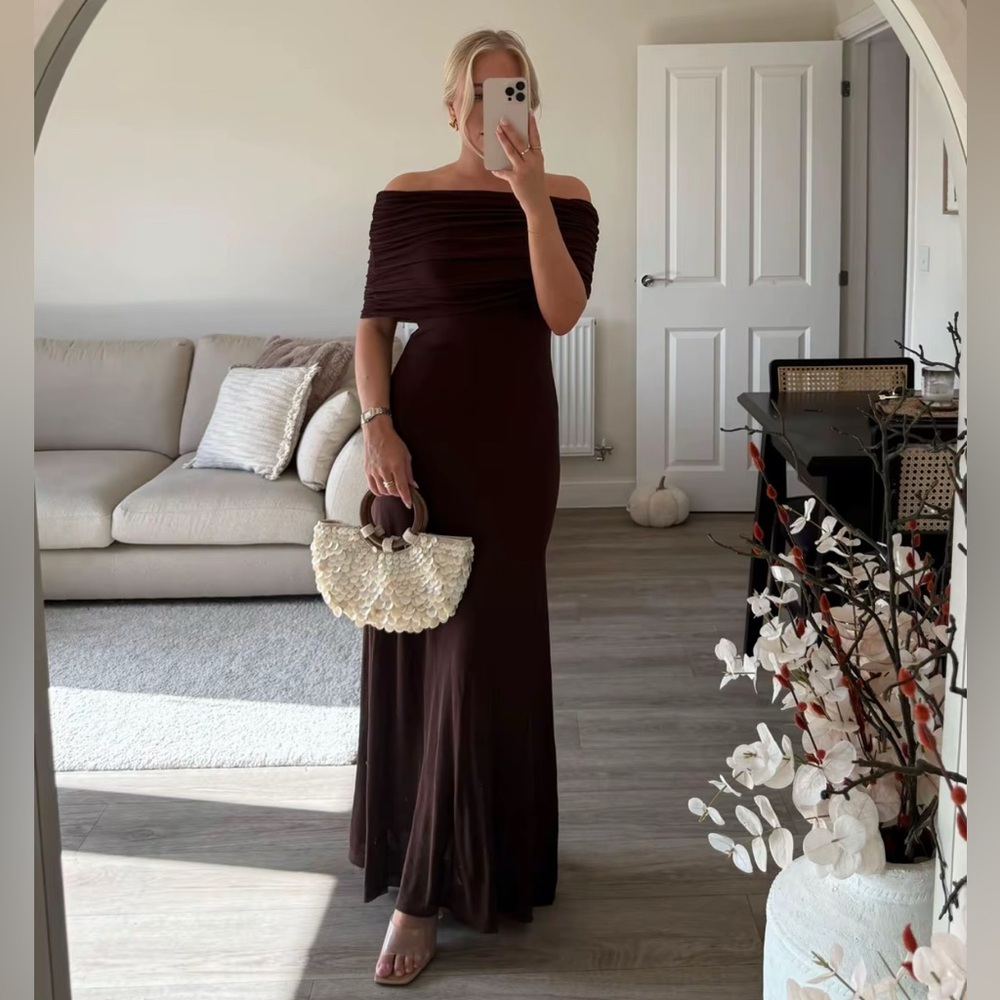 ZARA Chocolate Brown Off-the-Shoulder Knit Maxi Dress